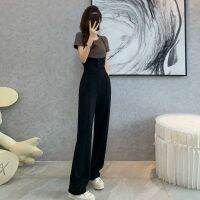 COD กางเกงทํางานผู้หญิง Suspenders Summer Womens Wide Leg Pants 2022 New Drape เอวสูง บาง กางเกงตรงพร้อมเสื้อยืด ชุดแฟชั่น