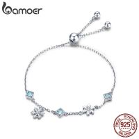 Bamoer 925 Sterling Silver Winter Snowflake Bracelet Blue Cubic Zircon Snowflower Chain Link Bracelet For Women Jewelry BSB001