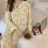 ladies spring women chic pink yellow floral print long sleeve pajamas set woman sweet soft sleepwear breasted pyjama femme L233