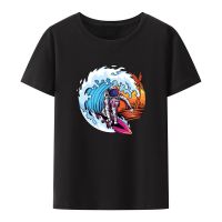 Summer Astronaut Surfing In Space Beach Waves Modal Print T Shirt Funny Men Short-sleev Loose Breathable Cartoon Graphic Tops