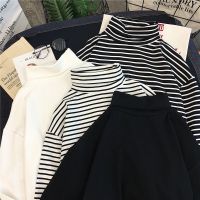 ❇✚◈ woman tshirts black white striped solid aesthetic turtleneck pullovers korean vintage kpop long sleeve tops women 2020 tees