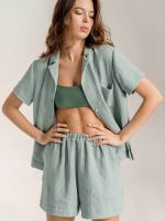 ✥♀ Hiloc 100 Cotton Home Suit For Women Lapel Nightwear Single Breasted Pajamas Set With Shorts Pure Color Sleepwear With Pocket