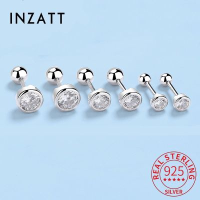 INZATT Real 925 Sterling Silver Zircon Round Thread Bead Stud Earrings For Women Classic Fine Jewelry Minimalist Accessories