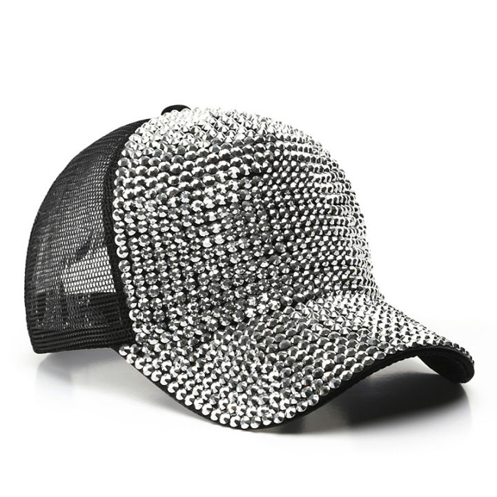 ใหม่-rhinestone-หมวกเบสบอลสำหรับผู้หญิงตารางสีทึบเงาหมวกปรับผ้าฝ้าย-b-ling-คริสตัลตกแต่งหมวก