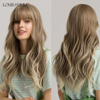 LOUIS FERRE Long Fluffy Wave Blonde Wigs with Bangs Lolita Cosplay Natural Ombre Synthetic Wigs for Women Heat Resistant Fibre