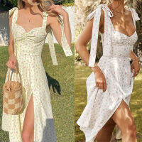 Summer Spring Floral Dress Womens y Casual Fashion Sundress Midi Slip Backless Pleated Slit White Yellow Lace-up Flowers