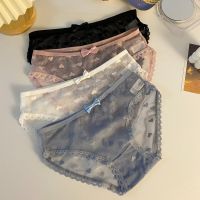 Japanese Sweet Mid-Waist Panties Feminine Lace Bow Love Mesh Cotton Crotch Briefs Womens Mesh Cotton Crotch Panties