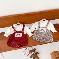 [COD] 2022 spring and autumn ins hot rainbow plaid strappy romper T-shirt male female baby two-piece suit