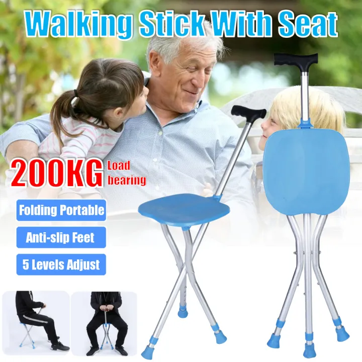 Folding Cane Chair Portable 2 In 1 Aluminium Tripod Hiking Walking Stick With Seat Ultralight