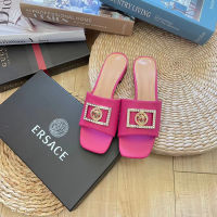 【Original Label】Square Buckle Diamond Silk Satin Summer New Straight Line Womens Slippers Fashionable, Anti Slip, Durable, Versatile for External Wear Womens Slippers