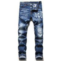 2021 ICON Blue nd Paint Ripped Holes Wild Personality New Jeans Mens Bottom Denim Pants Pocket Zipper Labeling Casual Street