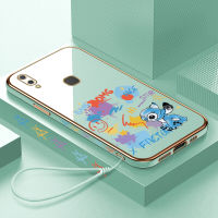 เคสสำหรับ Vivo V9 Z1 Pro X60 X70 5G X70 Pro 5G X80 X80 Pro X9 X9S Y01 Y02S X60 + การ์ตูนเรื่องฟรีสายคล้องสติทช์สุดขอบสี่เหลี่ยมชุบเคสโทรศัพท์สุดหรูชุบเคสโทรศัพท์นิ่ม