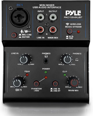Pyle Professional Wireless DJ Audio Mixer - 2-Channel Bluetooth DJ Controller Sound Mixer w/USB Audio Interface, RCA In, Combo Jack XLR+6.35mm Microphone/Line/Guitar In, Headphone Jack - PAD12MXUBT