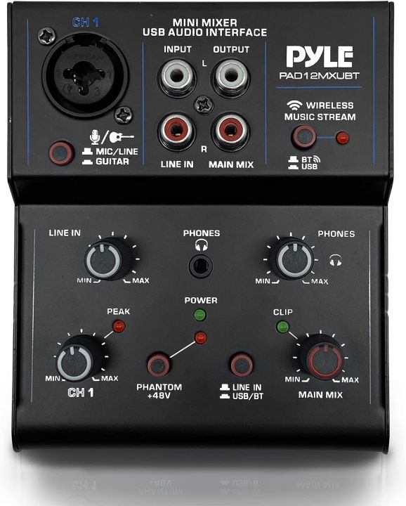 pyle-professional-wireless-dj-audio-mixer-2-channel-bluetooth-dj-controller-sound-mixer-w-usb-audio-interface-rca-in-combo-jack-xlr-6-35mm-microphone-line-guitar-in-headphone-jack-pad12mxubt