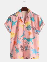 2022 Cartoon Dinosaur 3D Printing Shirt Pink Lapel Button Short Sleeve Hawaiian Casual Breathable Oversized Korean Shirt