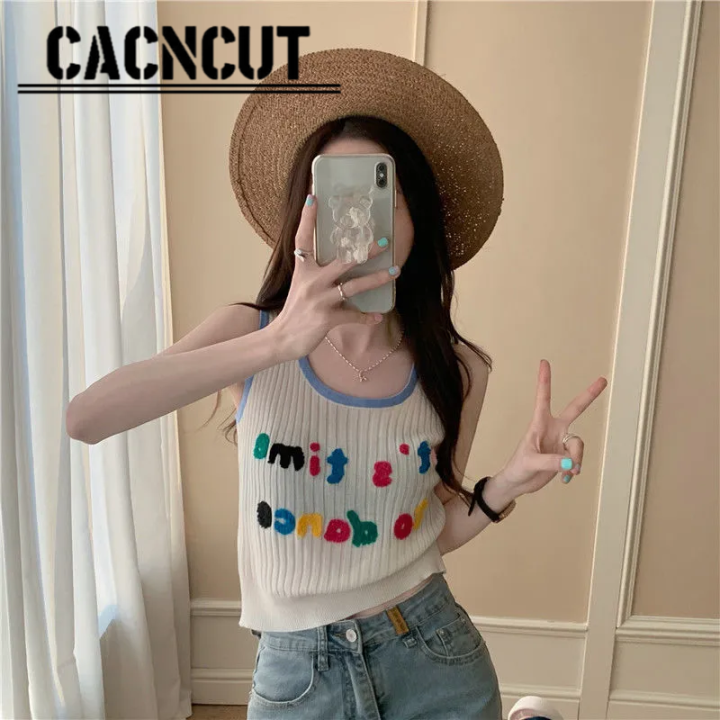 เสื้อแขนกุดชุดสำหรับผู้หญิงเชือกผูกคอ-cacncut-เสื้อแขนกุดปักลายตัวอักษรต่างประเทศ2023ใหม่สำหรับฤดูร้อน