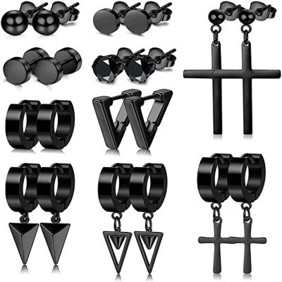 WKOUD 1/10 Pairs Of Stainless Steel Earrings Set Men Women Cross Triangle Pendant Hinged Ring Earrings Round Punk Earrings Black Adhesives Tape