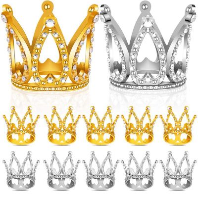 12 PCS Mini Crown Cake Topper,Gold &amp; Silver Rhinestone Crown Cake Topper Decorations for Baby Shower Birthday Party