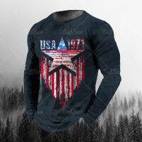 【ระบาย อากาศ】วินเทจเสื้อยืดแขนยาวผู้ชาย39; S ธง3d พิมพ์ฤดูใบไม้ผลินุ่มแฟชั่นเสื้อสวมหัวเครื่องแต่งกายยุโรปสีดำขนาดใหญ่เสื้อยืด Camiseta