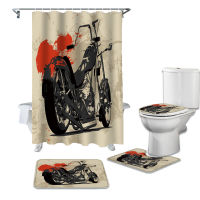 Retro Motorcycle Shower Curtain Set Car Cover Toilet Cover Bath Mat Waterproof Bathroom Curtain Set