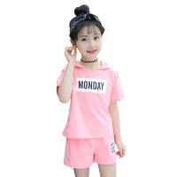 Childrens Clothing Girls Summer Hooded Collar Short-Sleeved 2-Piece Set Medium Large Girl Summer Clothes Fashion Suit Tide