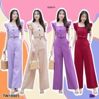 B18985 set 2 ชิ้น เสื้อครอปแขนระบาย + กางเกงเอวสูงขากระบอก Set of 2 pieces: crop top with ruffled sleeves + high-waisted, straight-leg pants.