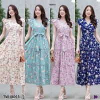 B18065 	เดรสยาว ไหล่ระบาย ลายดอกไม้ เอวผูกโบว์ Long dress, ruffled shoulders, floral print, bow tie waist