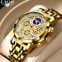 LIGE Gold Stainless Steel Watches Mens Quartz Wrsit Watch for Men Luxury Moon Phase Waterproof Chronograph Relogio Masculino+Box