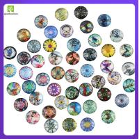 QIANHUAHOU 50Pcs 50รูปแบบ Cabochons แก้วพิมพ์ลาย กระจกสำหรับผู้หญิง 12mm ครับ กระเบื้องคาไลโดสโคป cabochons กระเบื้องโมเสค สายรุ้งสีรุ้ง พลอยโดมแบน ทำเครื่องประดับ DIY