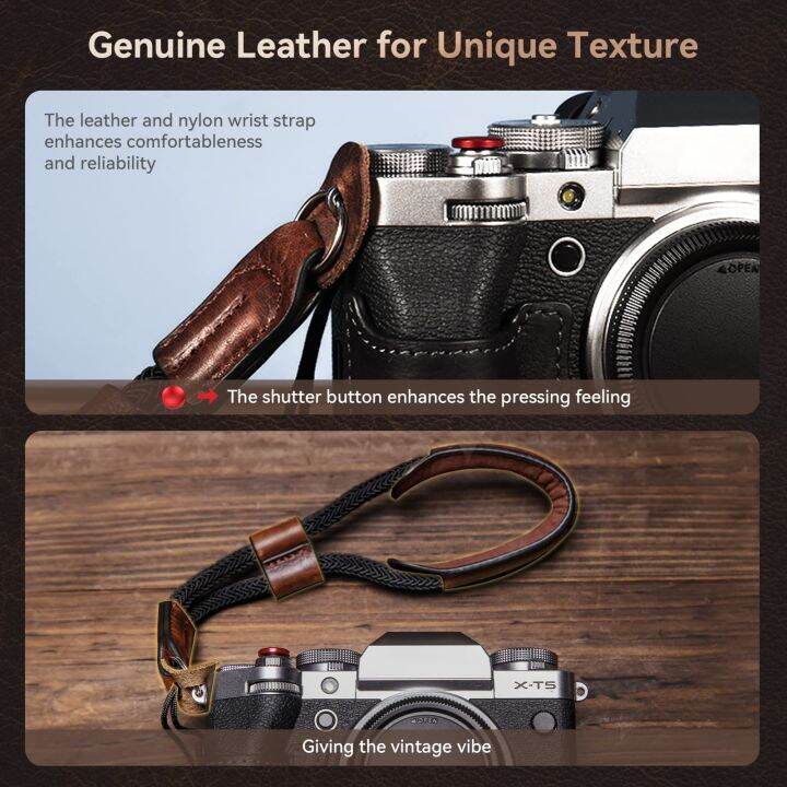 เคสกล้องครึ่งตัว-x-t5ขนาดเล็กที่มีสายรัดข้อมือหนังสีน้ำตาลสไตล์วินเทจและปุ่มชัตเตอร์สำหรับ-fujifilm-x-t5-3927