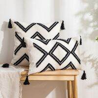 HelloYoung Grey White Simple Loop Tufted Cushion Cover Wabi Sabi Geometric Embroidery Tassel Pillow Cover Home Decorative Cushions for Sofa