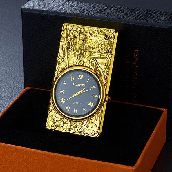Blue Straight Flame Classic Golden Watch Lighter/Battery Operated Watch