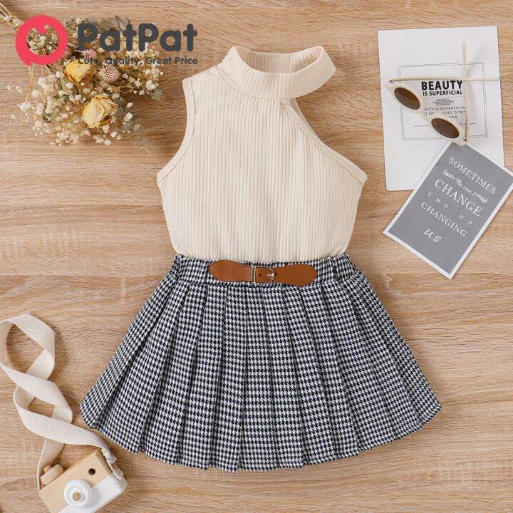 PatPat 2pcs Toddler Girl Preppy style Ribbed Sleeveless Te and ...