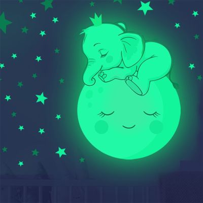 Moon Baby Elephant Sleeping Luminous Wall Sticker Baby Kids Room Bedroom Decoration Decals Glow In The Dark Home Decor Stickers Tapestries Hangings