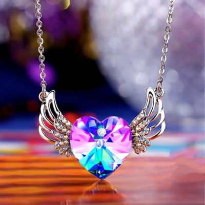 JDY6H Fashion Creative Angel Wings Jewelry Necklace Ladies Gorgeous Heart Crystal Wedding Engagement Pendant Anniversary Birthday G