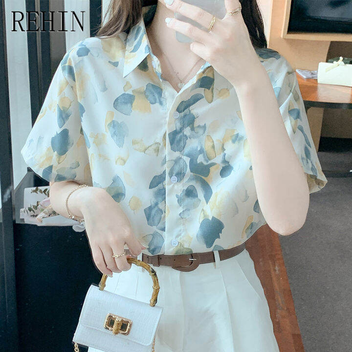 rehin-เสื้อผู้หญิงสำหรับฤดูร้อนใหม่สไตล์ฮ่องกง-เสื้อเสื้อผู้หญิงแขนสั้นผู้หญิงดีไซน์บางผ้าชีฟองลายดอกไม้เก๋ไก๋