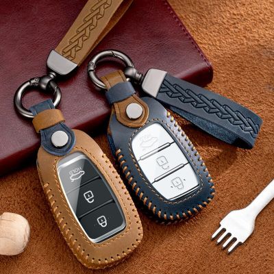 Leather Key Case Cover Keychain Holder for Hyundai 3 Button New Santa Fe Tucson Elantra Mistra Ix35 Verna Fista Keyring Shell