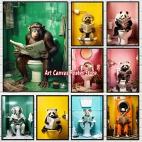 Chic Animal Canvas Art - Chimpanzee, Elephant, Panda Posters - Humorous Wall Decor For Bathroom/Toilet Room