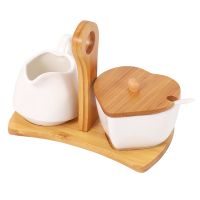 and Creamer Set with Lid &amp; Spoon Ceramic Cream Jug and with Wood Handle Coffee Serving Set