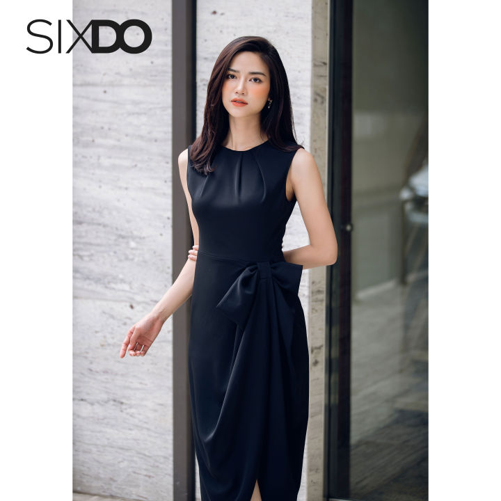 Đầm lụa đen sát nách xẻ tà phối nơ eo SIXDO | Lazada.vn