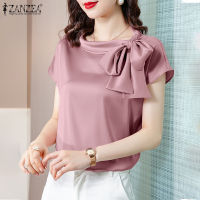ZANZEA เสื้อแขนแบบสั้นผูกเชือกสำหรับผู้หญิงเสื้อหูกระต่ายผ้าซาตินนุ่มสไตล์เกาหลีเสื้อออฟฟิศเสื้อเบลาส์ #11