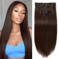 Clip In Hair Extensions 100% Real Human Hair Clip in Extensions Natural Straight Brown Hair Pieces 24Inch Remy Human Hair Weft