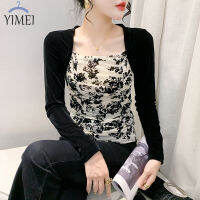 YIMEI เสื้อยืดกำมะหยี่พิมพ์ลายสำหรับผู้หญิง,ฤดูใบไม้ร่วงและฤดูหนาวแฟชั่นขนาดใหญ่เสื้อสวมหัวคอสี่เหลี่ยมสีดำอเนกประสงค์