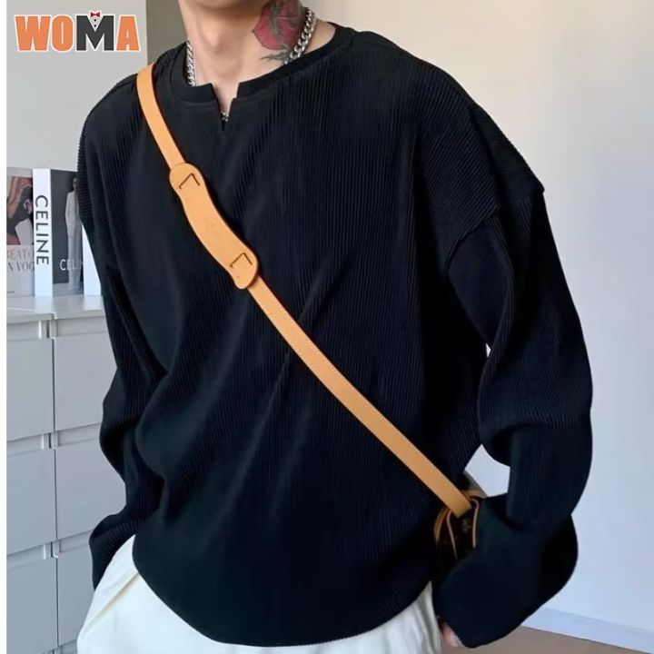 woma-เสื้อยืดแขนยาว-crewneck-ผู้ชายเทรนด์แฟชั่นเสื้อผ้าบุรุษสีทึบเสื้อเชิ้ตลำลองหลวม
