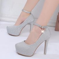 High Heel 12cm Wedding Party Shoes Woman Platform Ankle Strap Pumps Shiny Bling Bling Super High Heels Ladies Shoes Silver Black