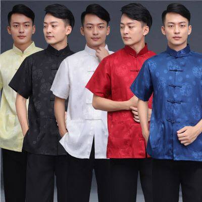 เสื้อ Tai Chi แขนสั้นสำหรับผู้ชายแบบกระดุมมือสไตล์วินเทจเสื้อคอจีนภาษาจีนดั้งเดิมลายกังฟูลำลอง