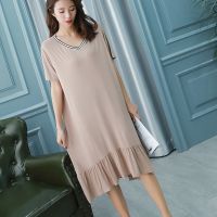 【 WYIN kitchen】 2019 summer 【 WYIN kitchen】Ruffled dress women home wear cotton V-neck nightdress long dressV neck soft comfortable sleepwear