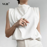 VGH Summer Casual White Ruched T Shirt For WomenTurtleneck Sleeveless Tank Large Size Loose Shirt Female Fashion New 2022