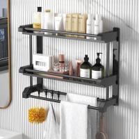 Bathroom Shelf Wall Mounted Towel Rack Multifunctional Kitchen Organiser No Punching Shelf Washroom Bathroom Vanity Towel Rack