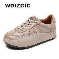 WOIZGIC Female Womens Genuine Leather Flats Shoes Platform Loafers Lace Up Spring Autumn Running Vulcanized Shoes Sneakers